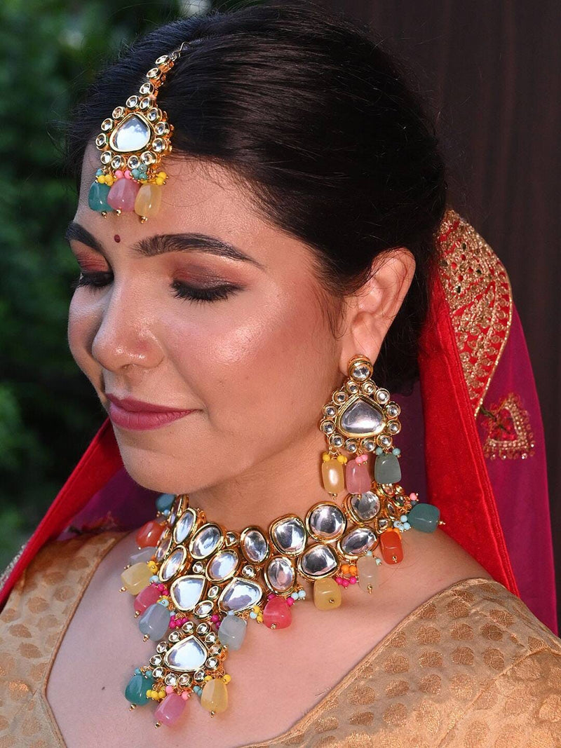 Gold-Plated Kundan-Studded & Pearls Beaded Necklace With Earrings & Maangtikka