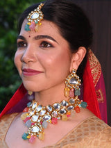 Gold-Plated Kundan-Studded & Pearls Beaded Necklace With Earrings & Maangtikka