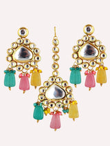 Gold-Plated Kundan-Studded & Pearls Beaded Necklace With Earrings & Maangtikka