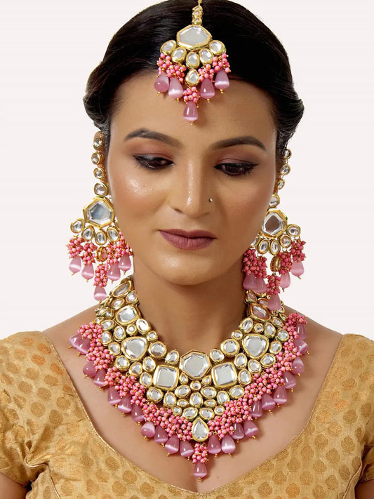 Gold-Plated Kundan-Studded & Pearls Beaded Necklace With Earrings & Maangtikka