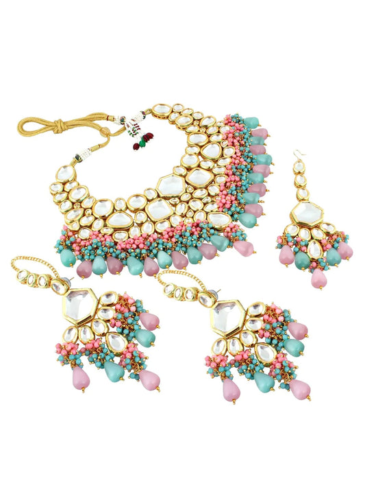 Gold-Plated Kundan-Studded & Pearls Beaded Necklace With Earrings & Maangtikka