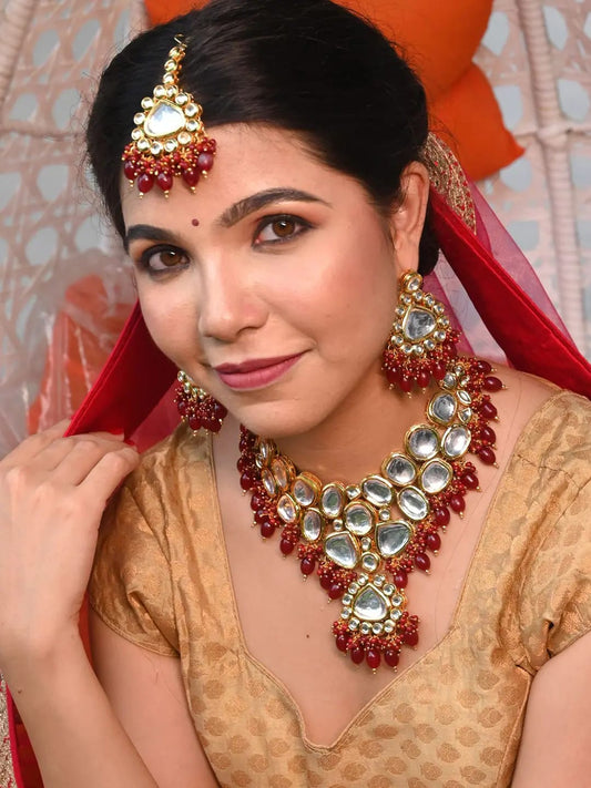 Gold-Plated Kundan-Studded & Pearls Beaded Necklace With Earrings & Maangtikka