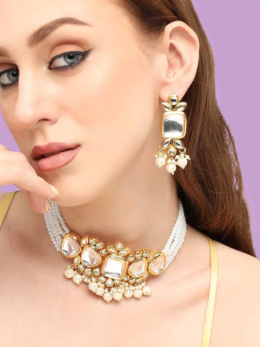 Gold Plated White Kundan-Studded Jewellery Set