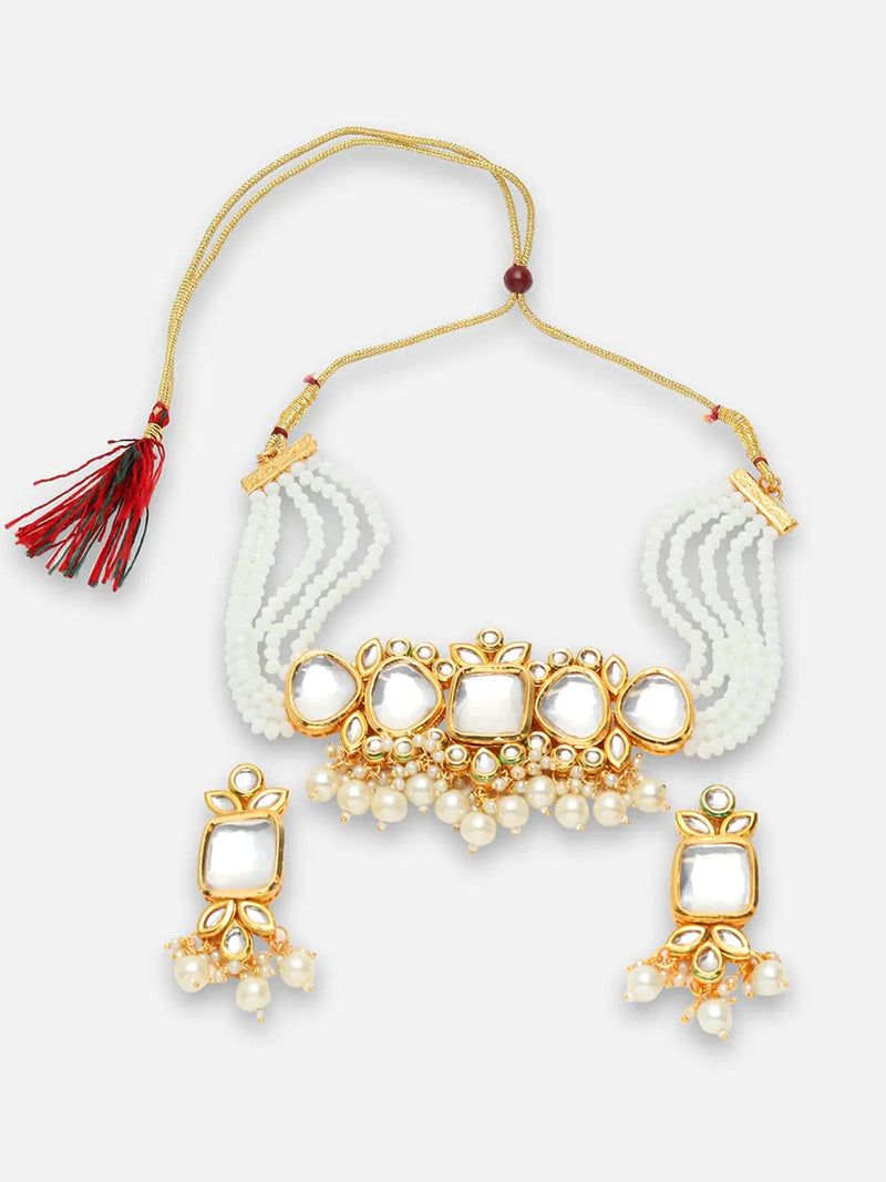 Gold Plated White Kundan-Studded Jewellery Set