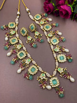 Designer Gold Plated Long Kundan Necklace With Earrings