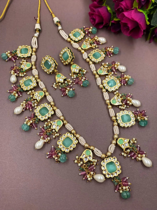 Designer Gold Plated Long Kundan Necklace With Earrings
