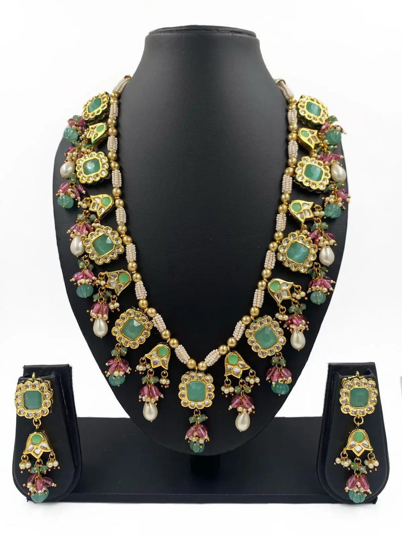 Designer Gold Plated Long Kundan Necklace With Earrings