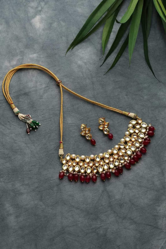 Gold Plated Maroon Beaded Kundan Necklace With Earrings