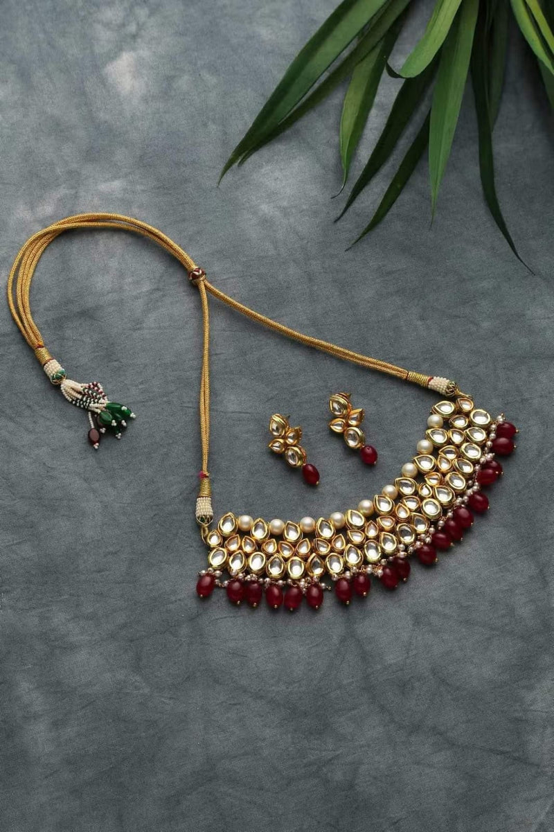 Gold Plated Maroon Beaded Kundan Necklace With Earrings