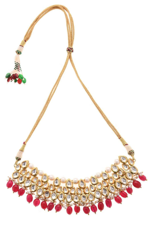 Gold Plated Maroon Beaded Kundan Necklace With Earrings