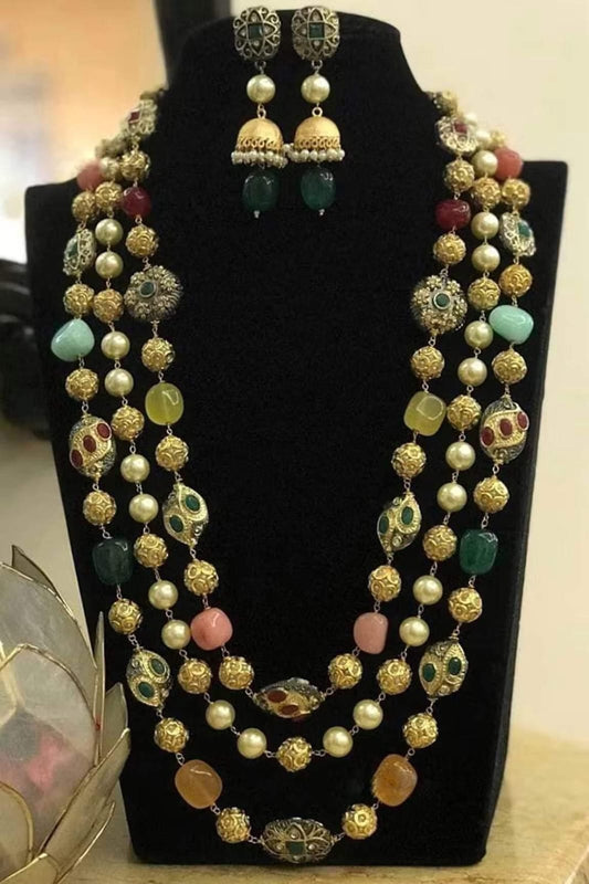 Gold-Plated Beaded Necklace & Earrings Set