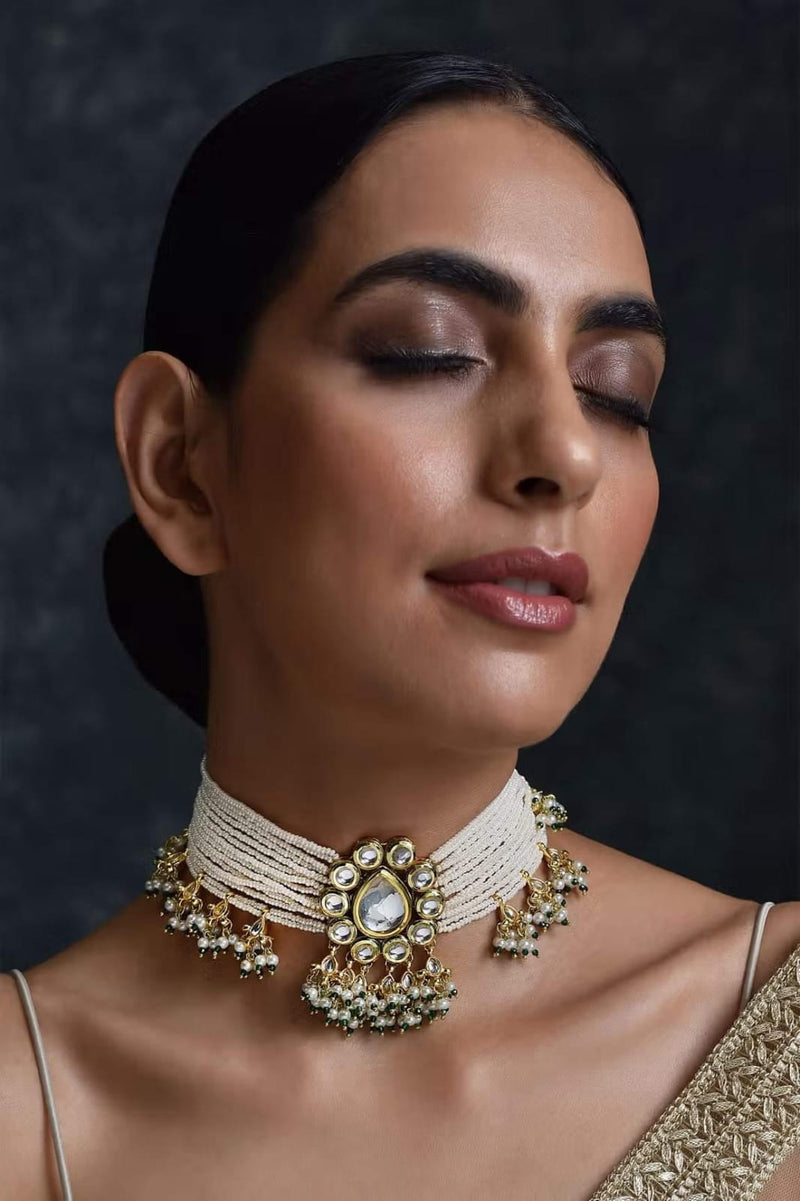 Gold Plated Kundan Pearl Necklace With Earrings