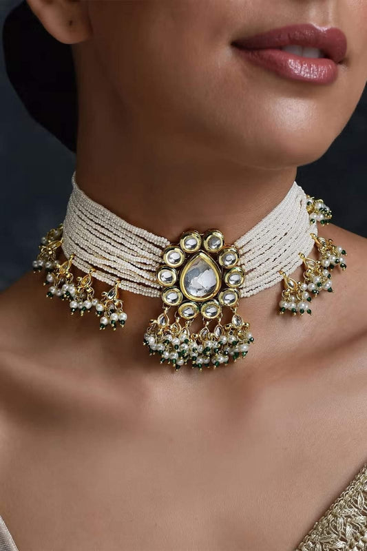 Gold Plated Kundan Pearl Necklace With Earrings