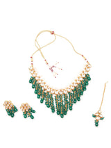 Gold Finish Green Kundan Polki Necklace With Earrings & Maangtikka