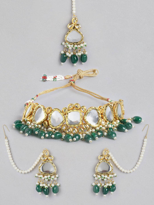 Gold Plated Green Kundan Choker Necklace Set