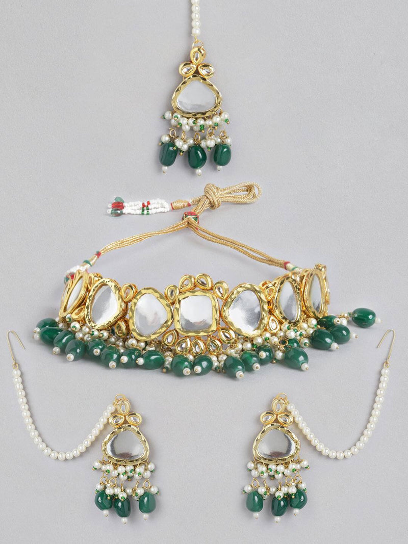 Gold Plated Green Kundan Choker Necklace Set