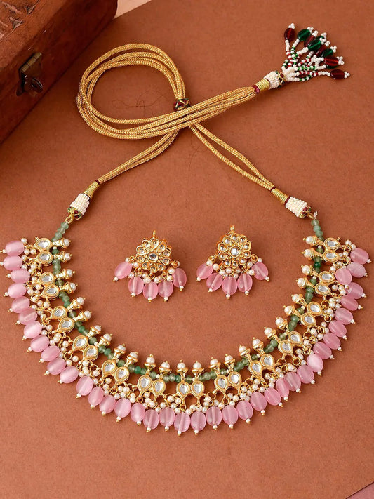 Gold-Plated Kundan Bead Studded & Pink Beaded Jewellery Set