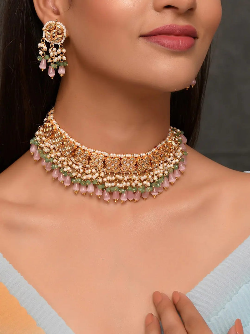 Gold Plated Pink Onyx Choker Necklace Set