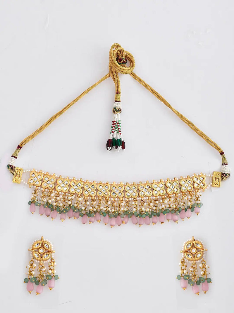 Gold Plated Pink Onyx Choker Necklace Set