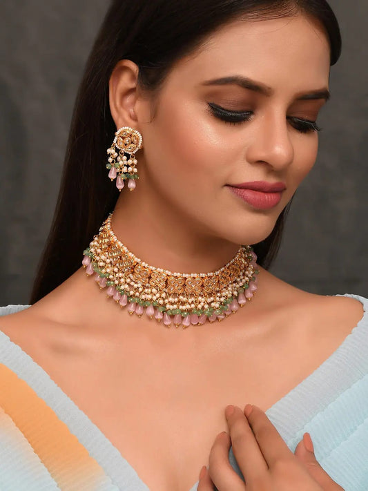 Gold Plated Pink Onyx Choker Necklace Set