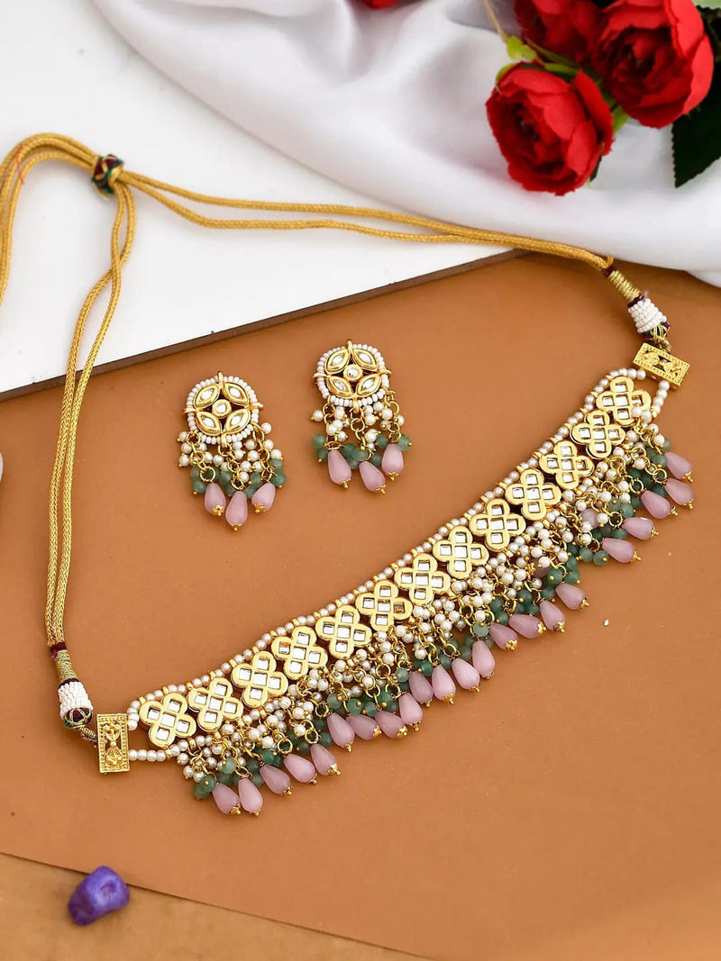 Gold Plated Pink Onyx Choker Necklace Set