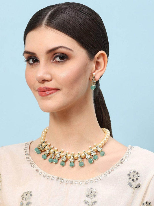 Gold Plated Pearl Beaded Necklace with Earrings