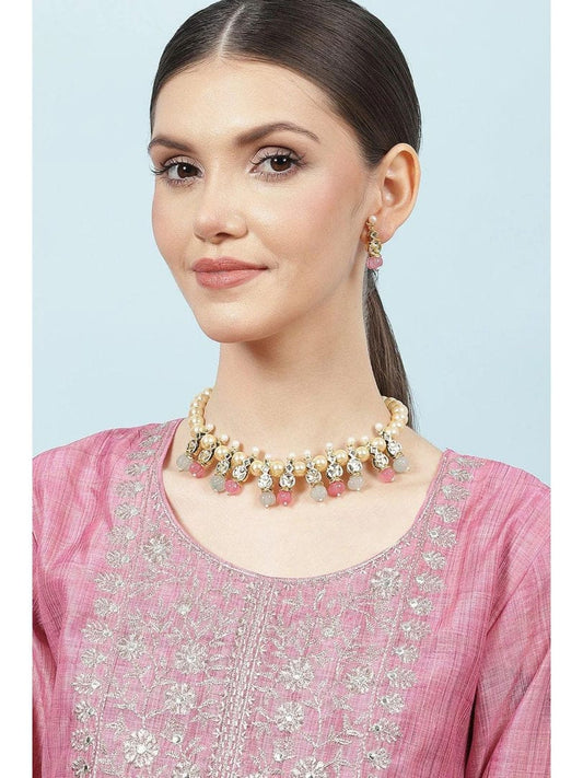 Gold Plated Pearl Beaded Necklace with Earrings