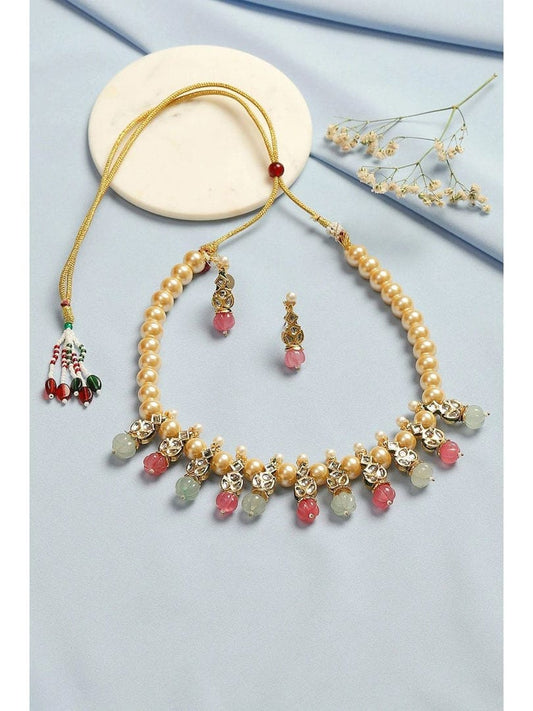 Gold Plated Pearl Beaded Necklace with Earrings