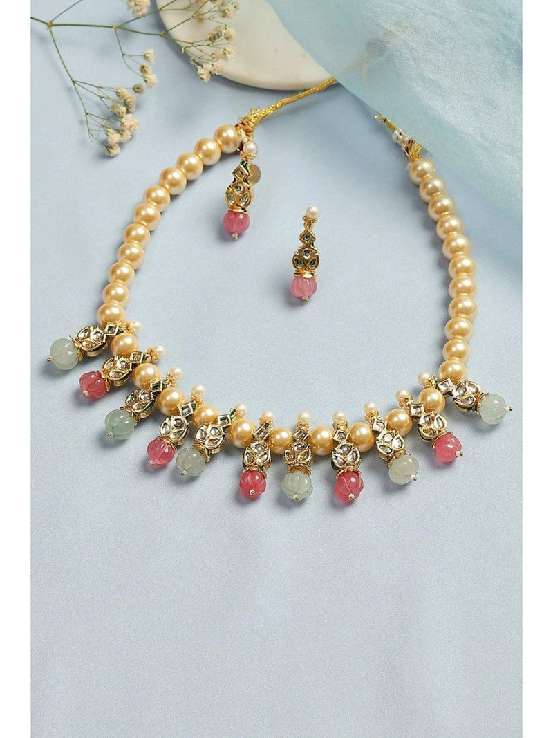 Gold Plated Pearl Beaded Necklace with Earrings