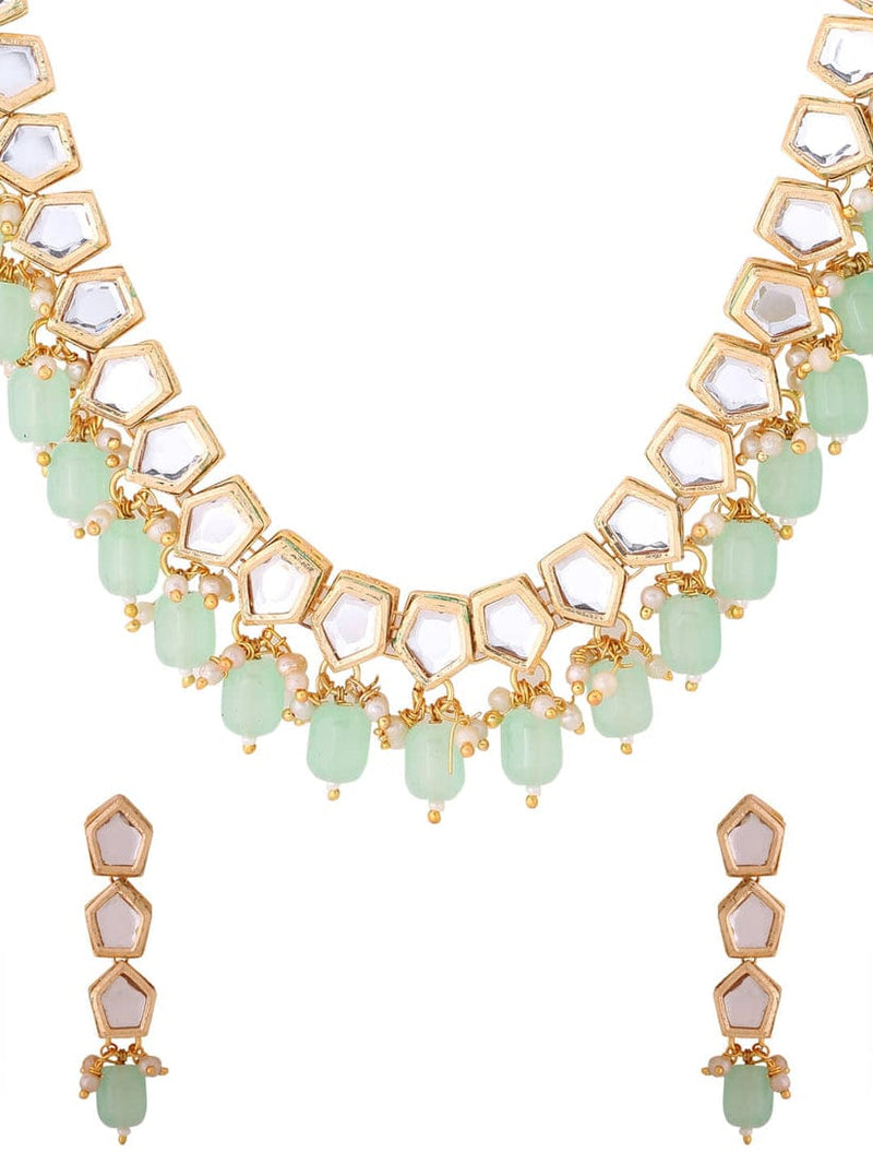 Gold Plated Mint Green Kundan Necklace Set
