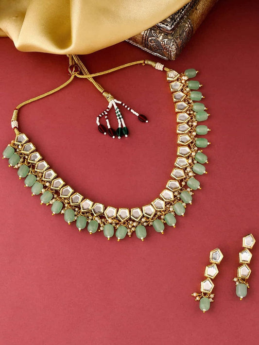 Gold Plated Mint Green Kundan Necklace Set