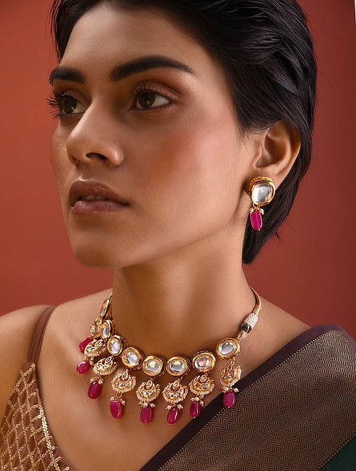 Gold-Plated Kundan Choker Necklace With Earrings