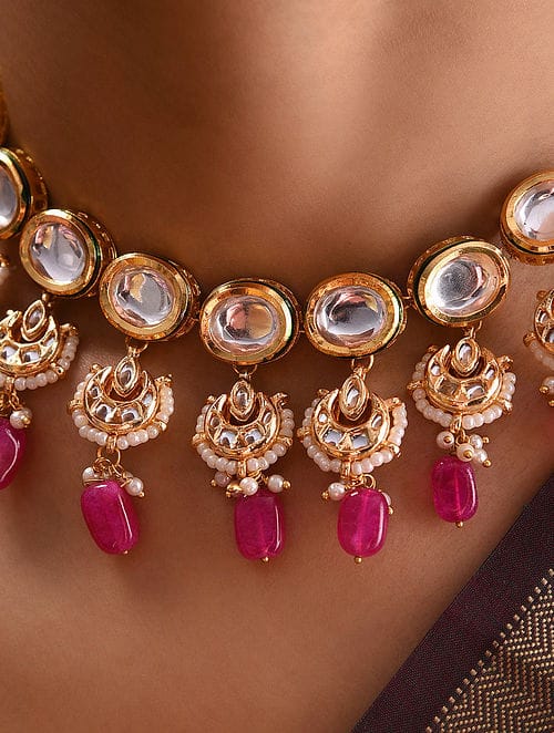 Gold-Plated Kundan Choker Necklace With Earrings