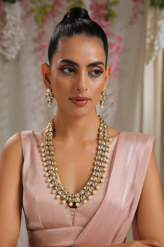 Gold Plated Long Kundan Necklace With Earrings