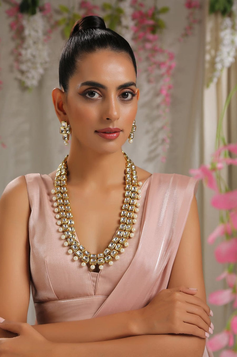 Gold Plated Long Kundan Necklace With Earrings
