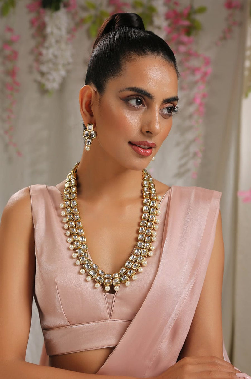 Gold Plated Long Kundan Necklace With Earrings