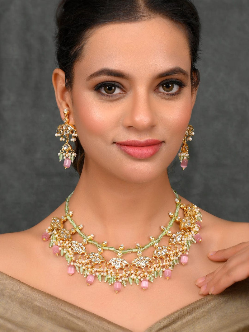 Gold Plated With Pink Beads Necklace Set