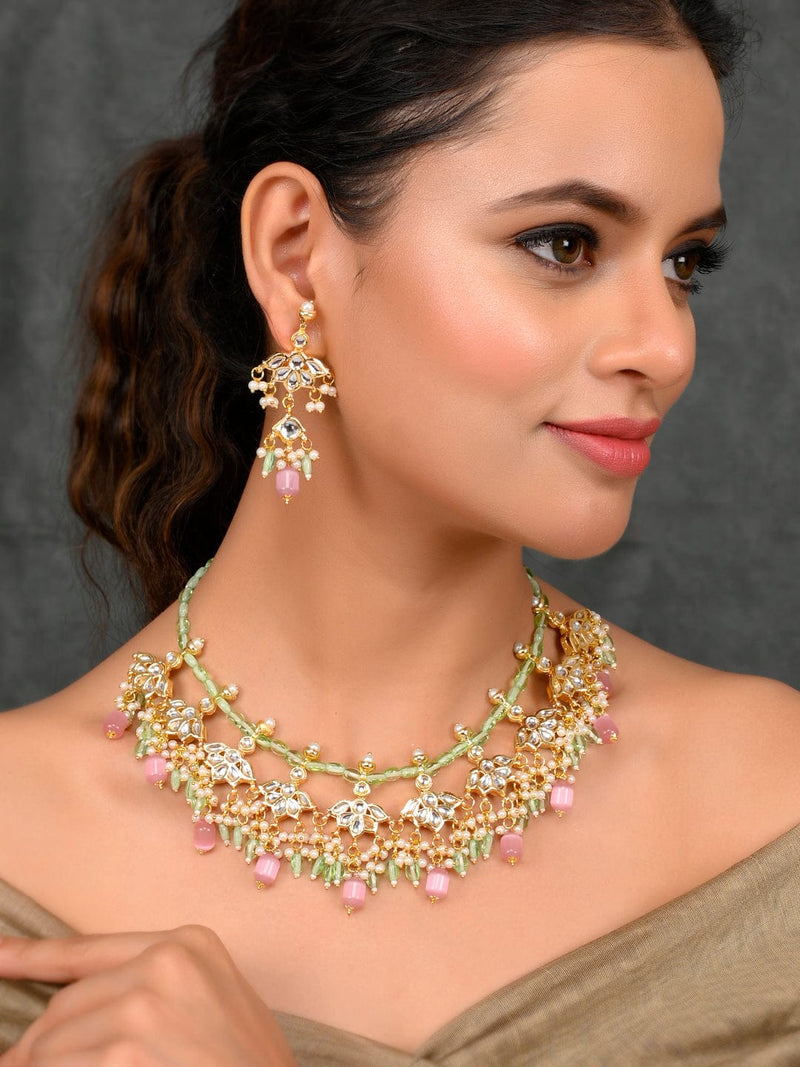 Gold Plated With Pink Beads Necklace Set