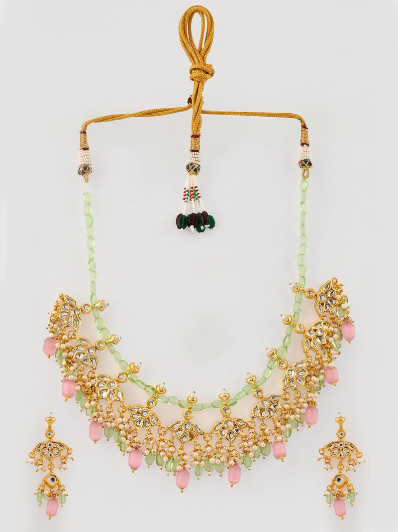Gold Plated With Pink Beads Necklace Set