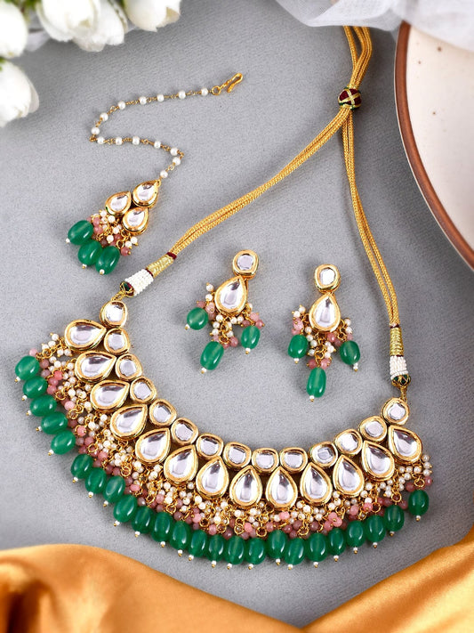 Gold-Plated Kundan Studded & Beaded Necklace With Earrings & maangtika