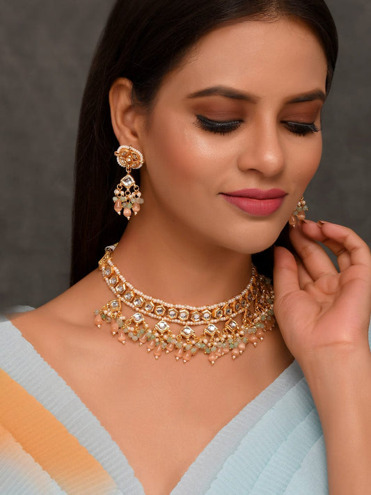 Gold Plated White Pink Kundan Beaded Jewellery Set