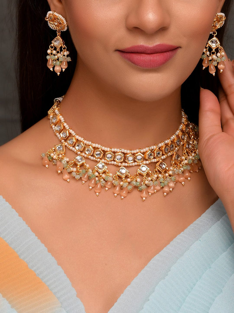 Gold Plated White Pink Kundan Beaded Jewellery Set