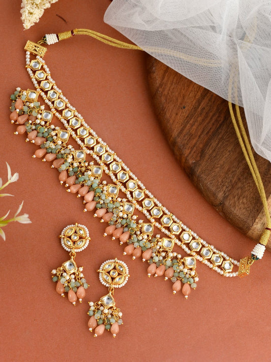 Gold Plated White Pink Kundan Beaded Jewellery Set