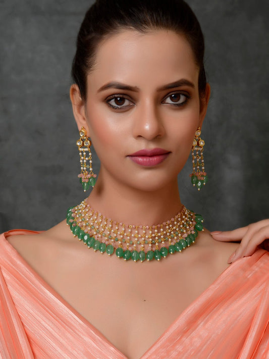 Gold Plated Kundan Polki & Pearl Mala Set