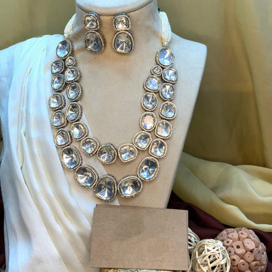 Gold Plated Long White Polki Studded Jewelry Set