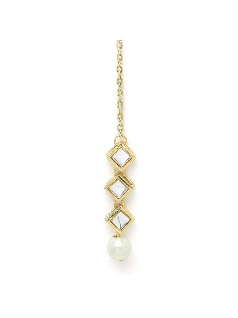 Gold Plated Pearl Chain Kundan Necklace With Earrings & Mangtikka