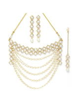 Gold Plated Pearl Chain Kundan Necklace With Earrings & Mangtikka