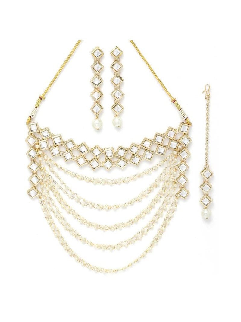 Gold Plated Pearl Chain Kundan Necklace With Earrings & Mangtikka