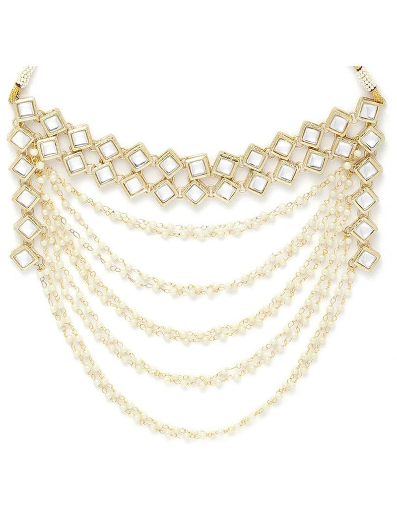 Gold Plated Pearl Chain Kundan Necklace With Earrings & Mangtikka