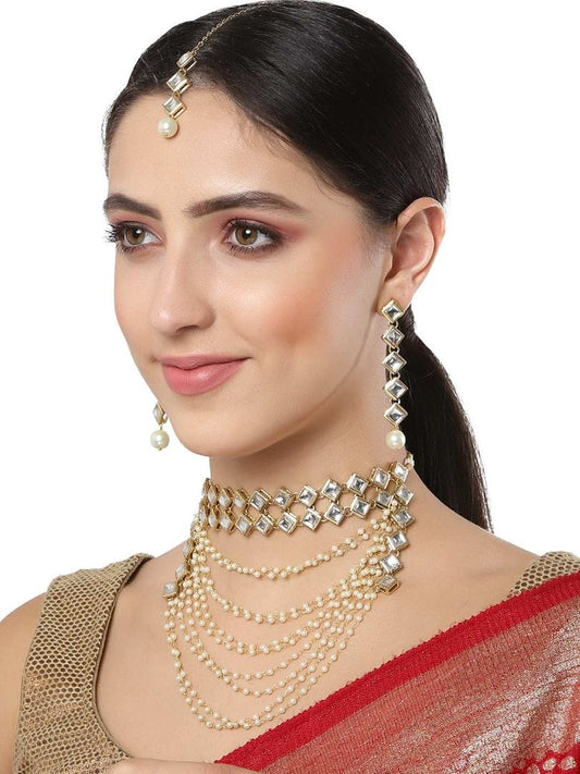 Gold Plated Pearl Chain Kundan Necklace With Earrings & Mangtikka